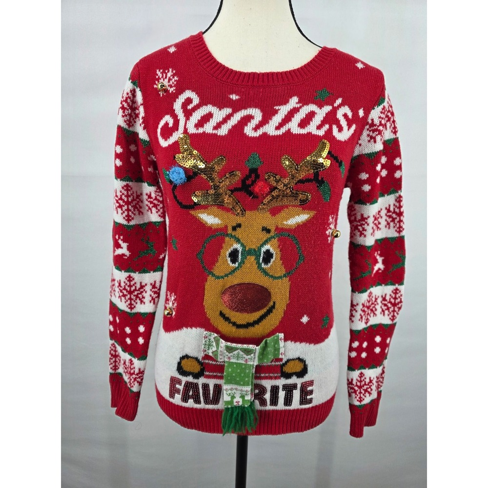 No Boundaries Womens Red Santas Favorite Reindeer Ugly Christmas Sweater Small